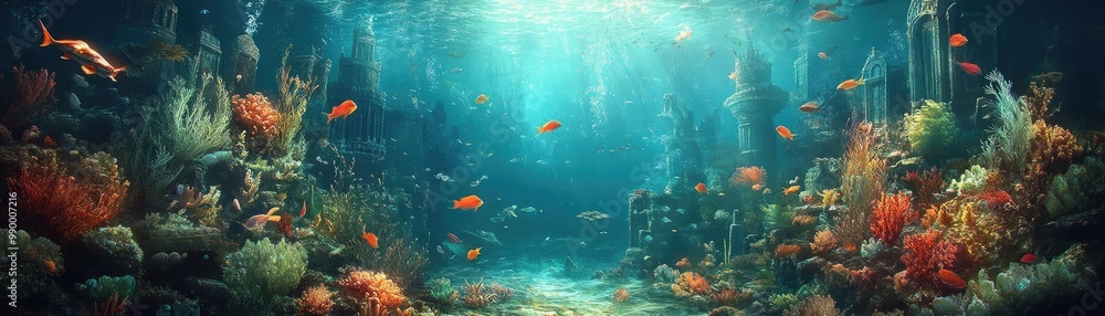 Fototapeta premium Underwater exploration revealing ancient sunken castles, colorful fish dancing among enchanted artifacts, captivating serenity