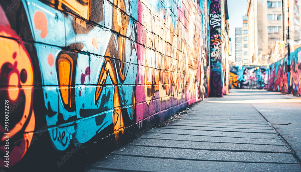Fototapeta premium A graffiti-covered urban wall, showcasing vibrant colors, bold lines, and an edgy, artistic vibe