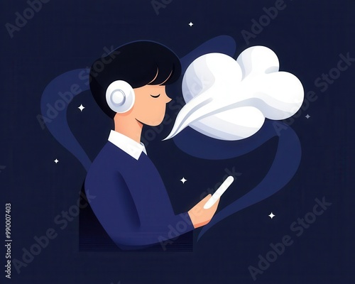 Earworm rhythm playing on loop, person distracted, flat design illustration