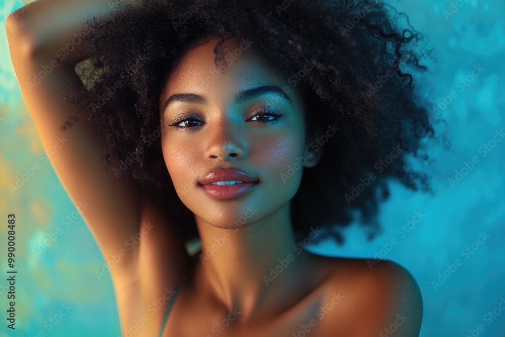 Naklejka premium Radiant beauty with curly hair against a vibrant backdrop