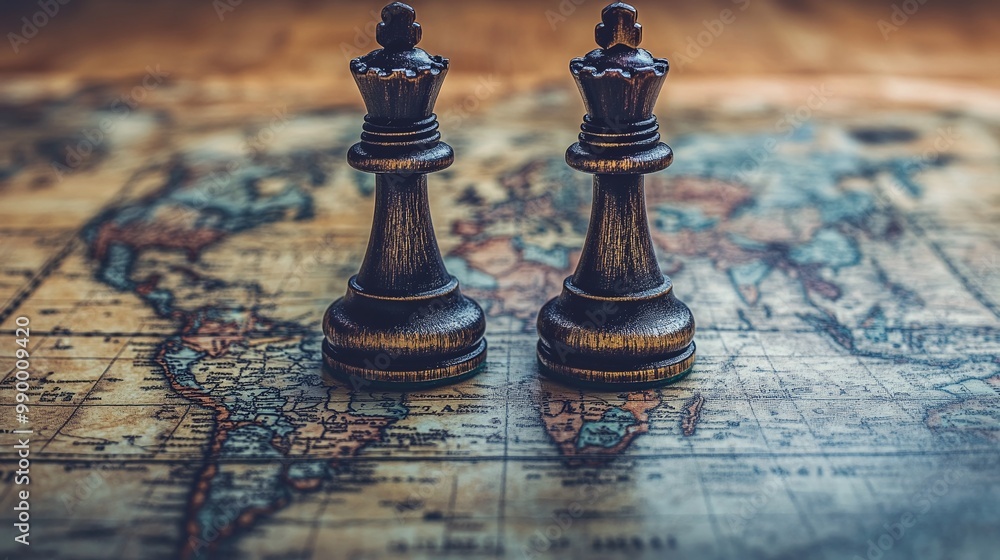 chess pieces on a world map symbolizing geopolitics, representing the discussions and movements between countries and continents in a strategic and diplomatic context chess pieces on a world map symbolizing geopolitics, representing the discussions and movements between countries and continents in a strategic and diplomatic context