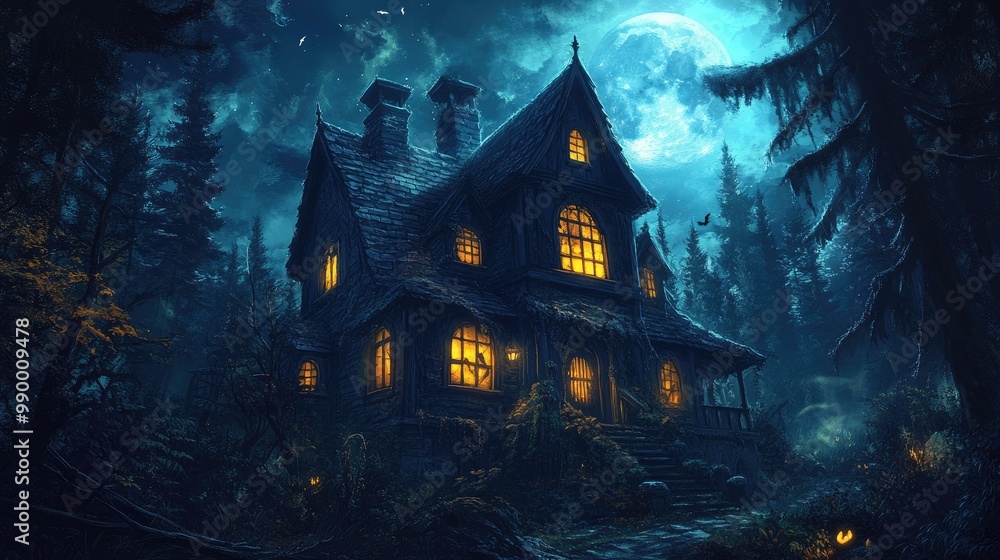 A haunted house with glowing windows, surrounded by dark trees and a full moon casting shadows. A haunted house with glowing windows, surrounded by dark trees and a full moon casting shadows.
