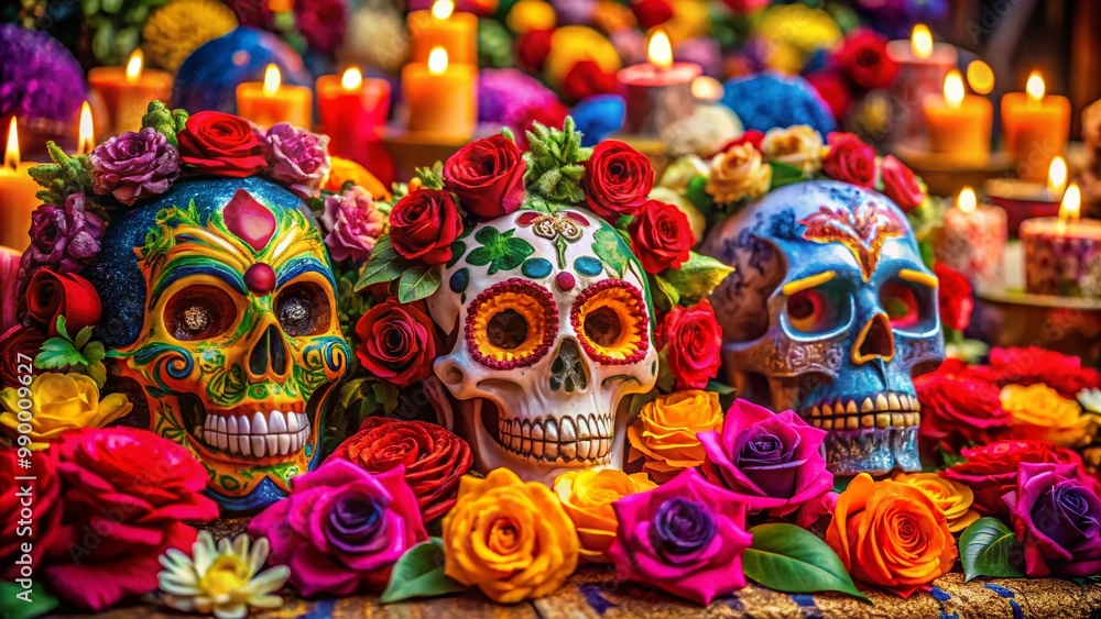 Vibrant Day of the Dead Celebration with Colorful Roses and Traditional Skulls on a Festive Alter Vibrant Day of the Dead Celebration with Colorful Roses and Traditional Skulls on a Festive Alter