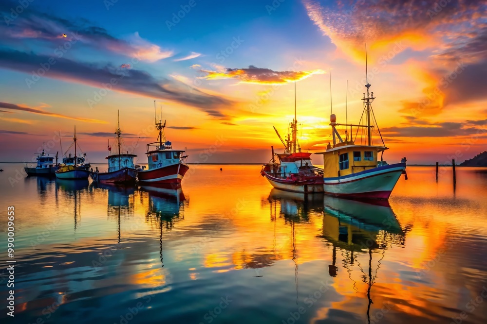 Vibrant Deep Sea Fishing Boats Anchored on a Calm Ocean Under a Clear Blue Sky at Sunset Vibrant Deep Sea Fishing Boats Anchored on a Calm Ocean Under a Clear Blue Sky at Sunset