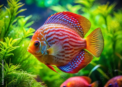 Vibrant Discus Fish Swimming Gracefully in a Freshwater Aquarium with Lush Green Plants and Decor