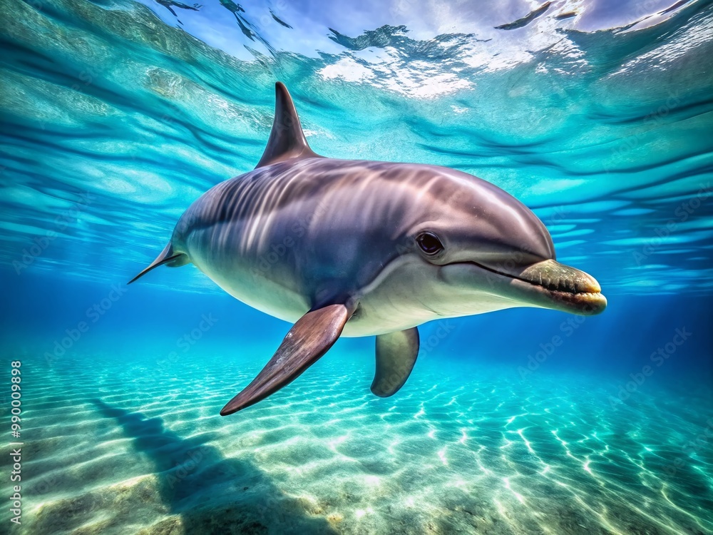 Naklejka premium Żywe delfiny pływające z gracją w czystych, błękitnych wodach oceanu uchwycone w oszałamiających szczegółach