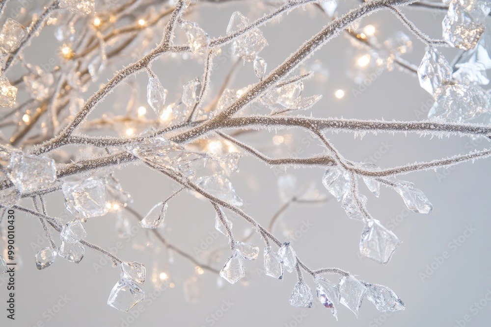 Frosted Branches with Crystal Ornaments and Blurry Lights Frosted Branches with Crystal Ornaments and Blurry Lights