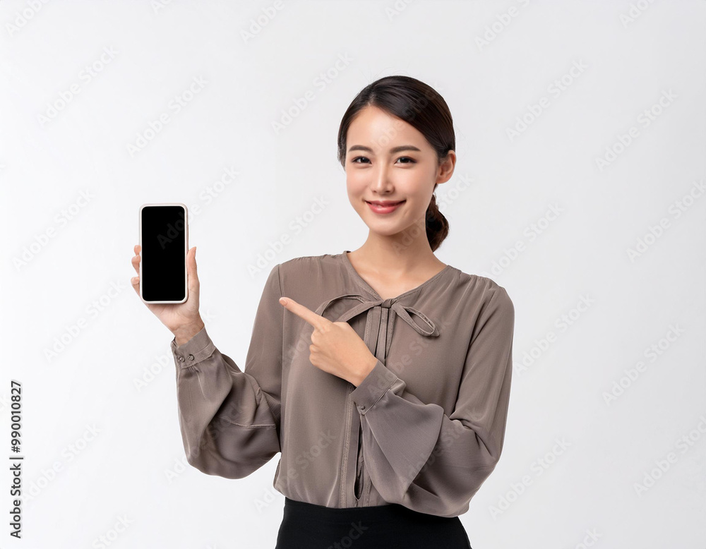 スマホを指差す女性 スマホを指差す女性