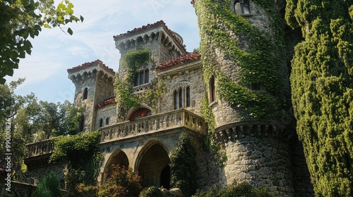 A historic castle with ivy-covered towers, evoking a fairytale-like atmosphere. photo