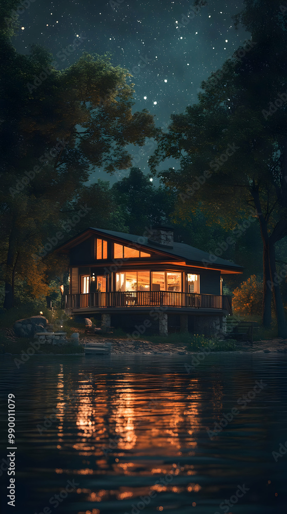 Fototapeta premium A Cozy Cabin Sits by a Lake Reflecting the Starry Night Sky in 3D