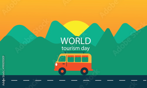 world tourism day .post.Mountain and sun.road.Vehicle .sunset  .Adobe Illustrator Artwork