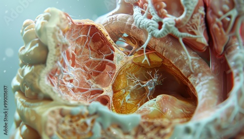 A detailed 3D rendering of human heart anatomy showcasing valves, chambers, and blood vessels with intricate textures and structures photo