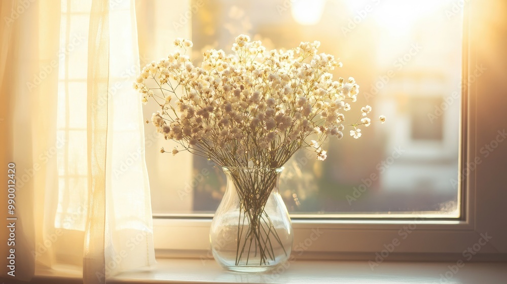 A lush bouquet of gypsophila sitting in a glass vase on a windowsill, with sunlight illuminating the delicate blooms. A lush bouquet of gypsophila sitting in a glass vase on a windowsill, with sunlight illuminating the delicate blooms.