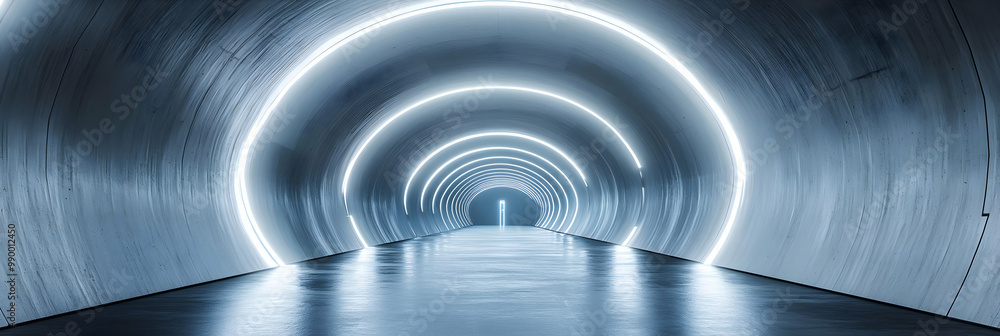 Obraz premium Futuristic Tunnel Interior with Blue Neon Lights and Polished Floor