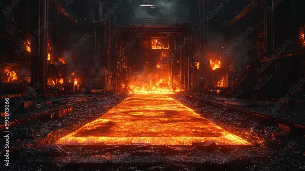 interior perspective of a metallurgical industry facility, featuring melting metal and heavy machinery, illustrating the complex processes involved in metal production and transformation interior perspective of a metallurgical industry facility, featuring melting metal and heavy machinery, illustrating the complex processes involved in metal production and transformation