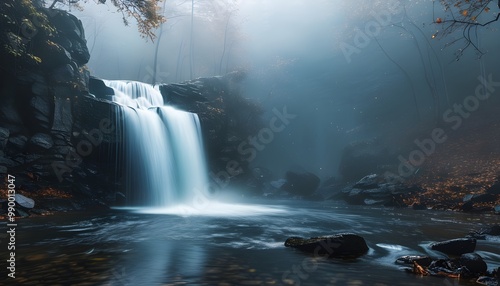 Misty Haze Surrounding a Serene Waterfall with Ample Copyspace for Text