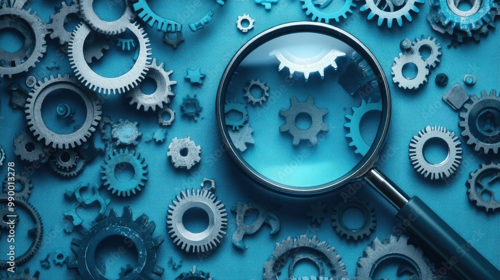 A magnifying glass hovering over gears on a blue background, symbolizing the fine-tuning of SEO strategies A magnifying glass hovering over gears on a blue background, symbolizing the fine-tuning of SEO strategies