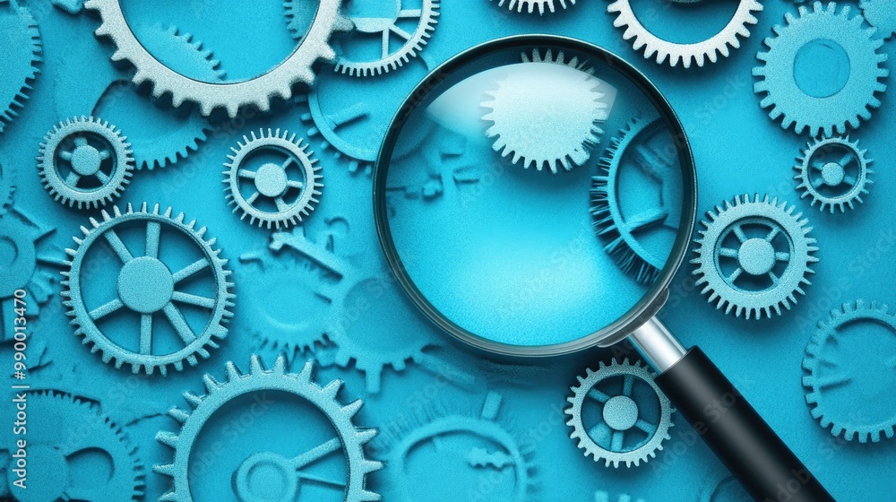 A magnifying glass hovering over interlocking gears, symbolizing SEO audits and technical analysis on a blue background A magnifying glass hovering over interlocking gears, symbolizing SEO audits and technical analysis on a blue background