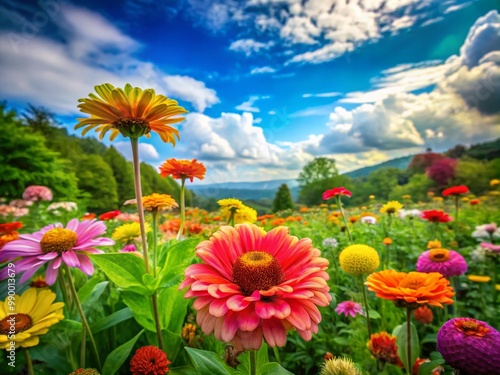 Vibrant Green Background with Colorful Flowers Creating a Fresh and Natural Atmosphere in Nature