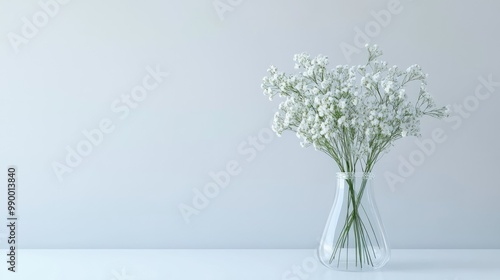 A minimalist arrangement of gypsophila in a clear glass vase, set on a modern, white table.