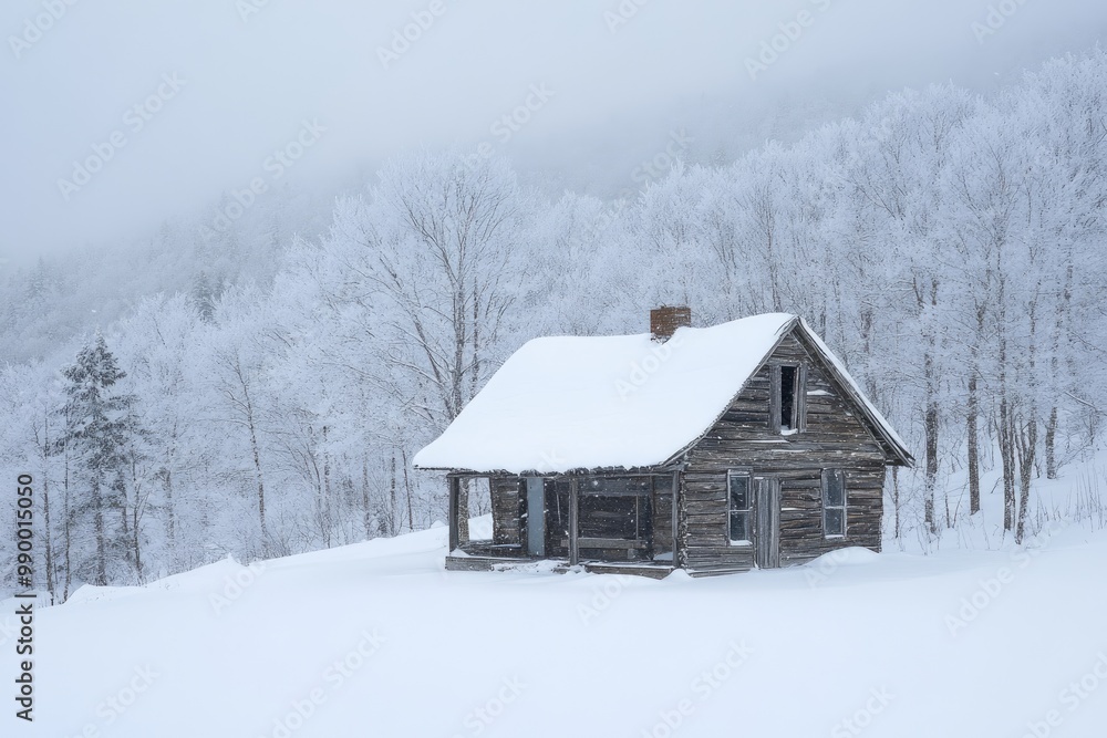 A Rustic Cabin in a Snowy, Foggy Forest A Rustic Cabin in a Snowy, Foggy Forest