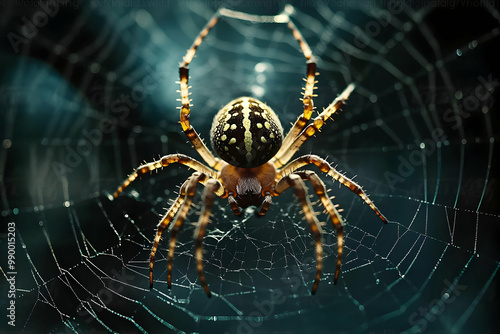 A Large Orbweaver Spider Perches on its Intricate Web with Blurred Background