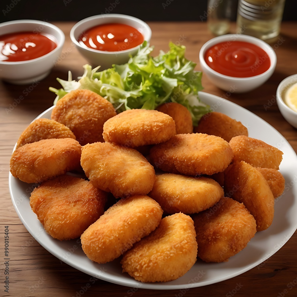 Delicious fresh Chicken Nuggets assortment with Tomato Sauce with some salad served, Chicken nuggets with crispy meat snack, Chicken nuggets made at home Delicious fresh Chicken Nuggets assortment with Tomato Sauce with some salad served, Chicken nuggets with crispy meat snack, Chicken nuggets made at home