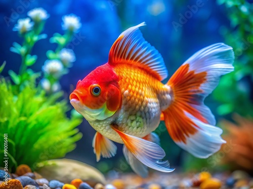 Vibrant Lionhead Ranchu Goldfish Swimming Gracefully in a Crystal Clear Aquarium Environment