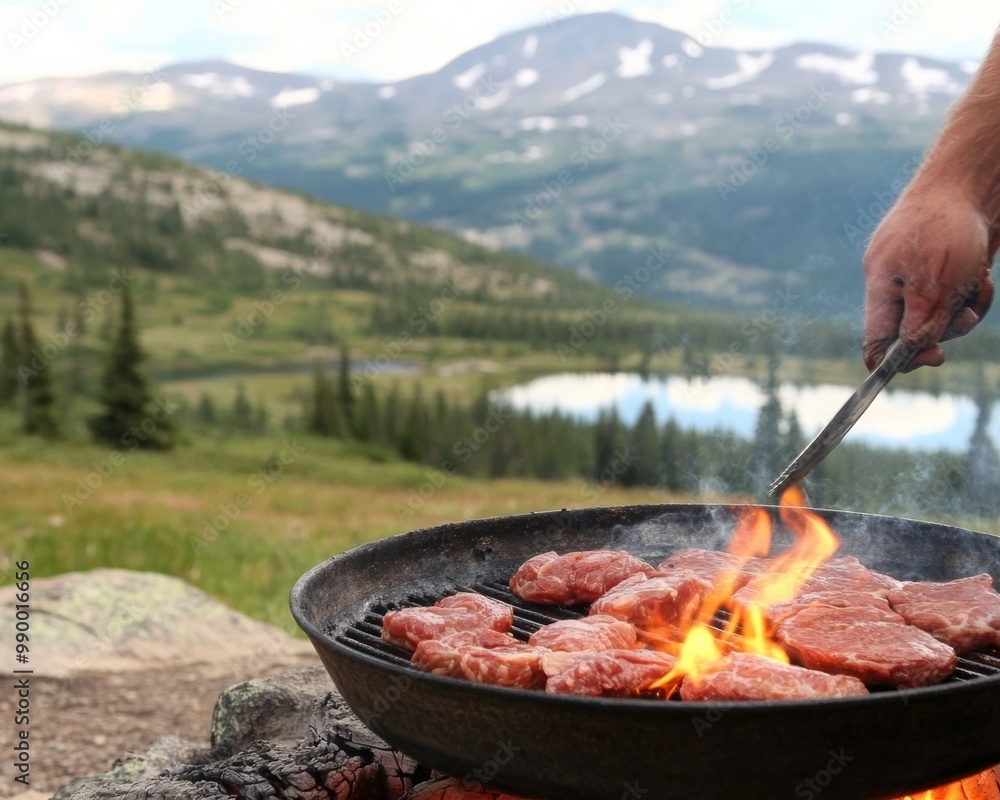 Middle-aged Man Grilling Meat Over Open Fire on Mountain at Dusk, Emphasizing Primal Appeal of Meat-Only Diet in Scenic, Rugged Outdoor Setting Middle-aged Man Grilling Meat Over Open Fire on Mountain at Dusk, Emphasizing Primal Appeal of Meat-Only Diet in Scenic, Rugged Outdoor Setting