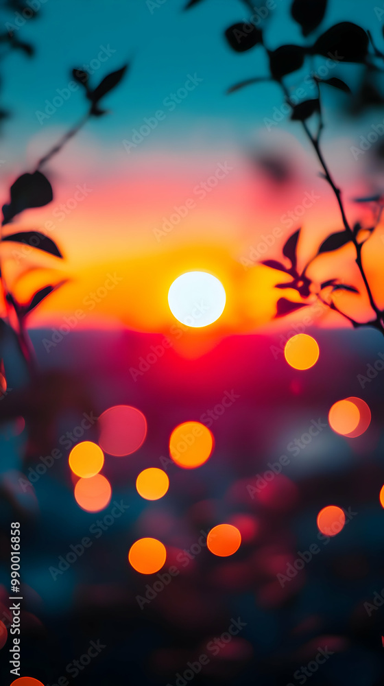 Vivid Sunset Through Silhouetted Leaves with Warm Bokeh Background Vivid Sunset Through Silhouetted Leaves with Warm Bokeh Background