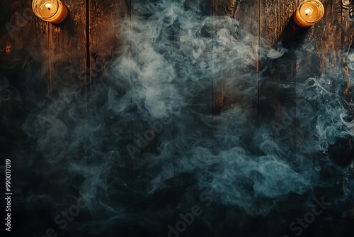 Top view of a dark table enveloped in swirling smoke for Halloween, ultra HD.