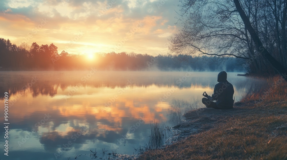 A person sitting peacefully by a lake, meditating at sunrise, promoting mindfulness and mental well-being.
