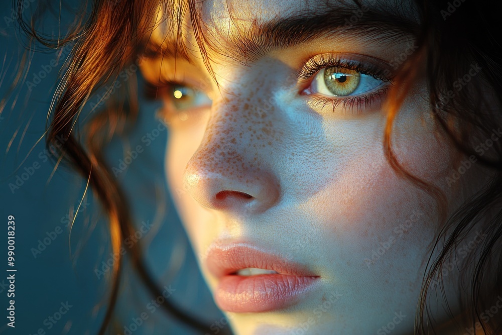 Close-up Portrait of a Woman with Freckles and Soft Lighting Close-up Portrait of a Woman with Freckles and Soft Lighting