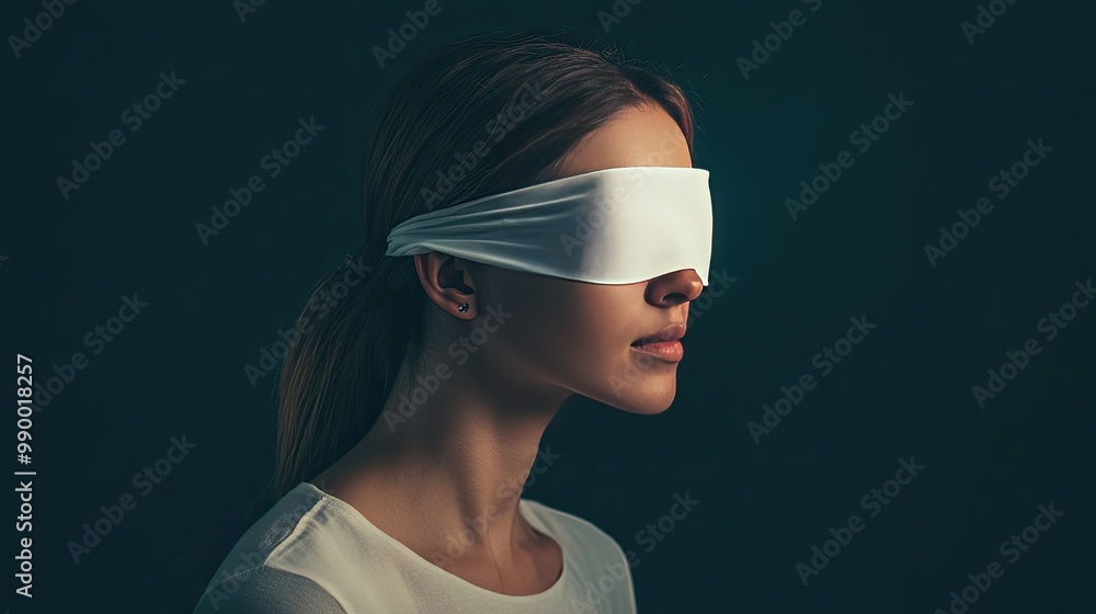 A person wearing a white blindfold, symbolizing ignorance and lack of awareness in decision-making A person wearing a white blindfold, symbolizing ignorance and lack of awareness in decision-making