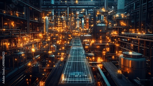 A futuristic factory layout overlaid with digital data streams and holographic interfaces, symbolizing advanced manufacturing technology