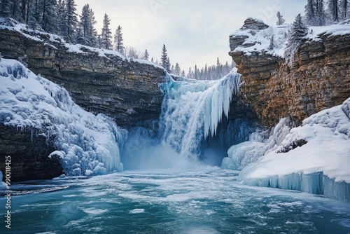 Frozen Waterfall Cascading Between Snow-Covered Cliffs photo