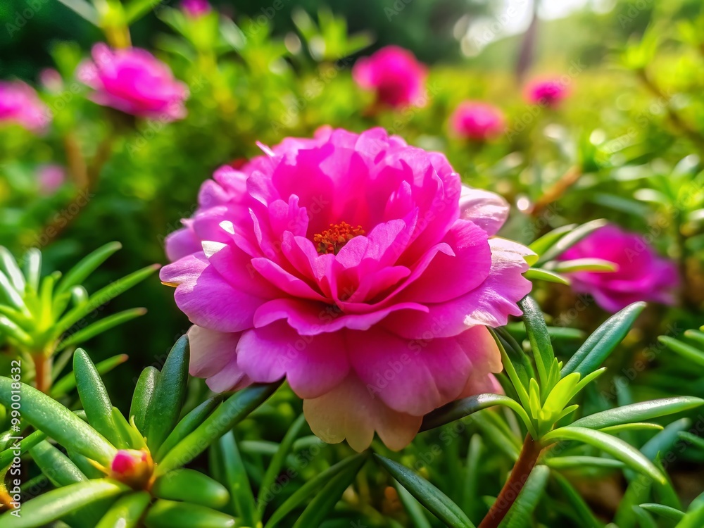 Vibrant Pink Moss Rose Blooming in Garden with Lush Green Background and Soft Natural Lighting Vibrant Pink Moss Rose Blooming in Garden with Lush Green Background and Soft Natural Lighting