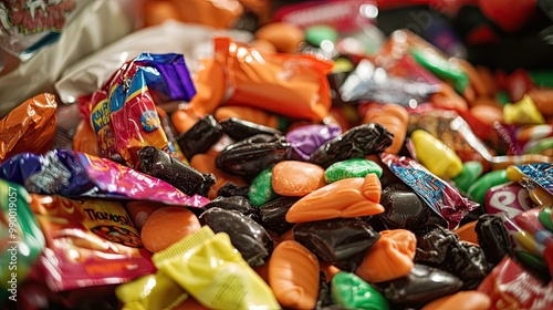 A pile of colorful Halloween candy scattered across a table, with candy wrappers and trick-or-treat bags nearby.