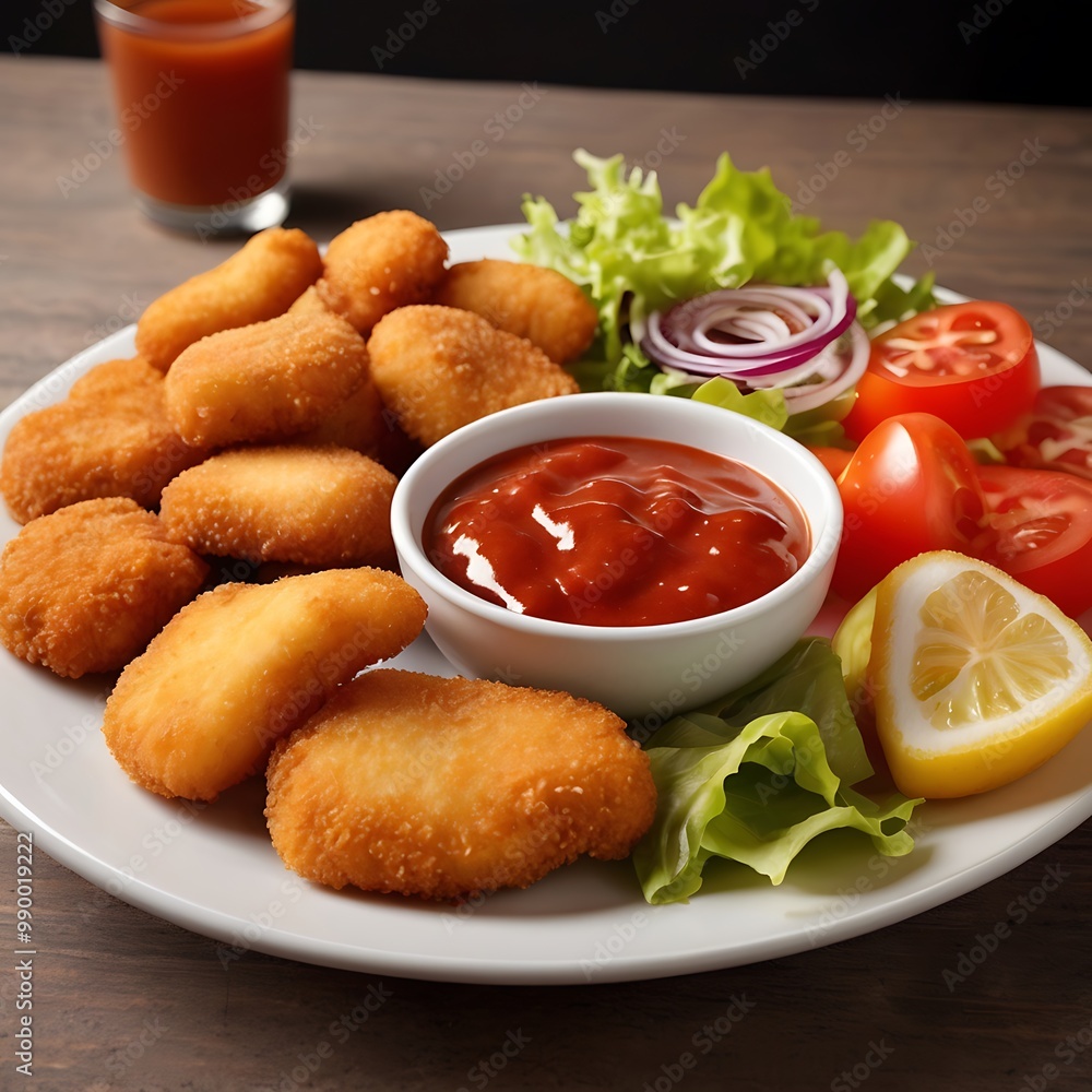 Delicious fresh Chicken Nuggets assortment with Tomato Sauce with some salad served, Chicken nuggets with crispy meat snack, Chicken nuggets made at home Delicious fresh Chicken Nuggets assortment with Tomato Sauce with some salad served, Chicken nuggets with crispy meat snack, Chicken nuggets made at home