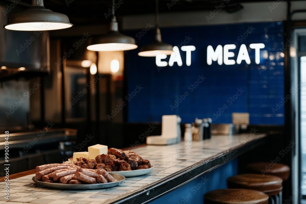 Moody Retro Diner Scene with Grilled Meats Plate and Neon EAT MEAT Sign at Night Moody Retro Diner Scene with Grilled Meats Plate and Neon EAT MEAT Sign at Night