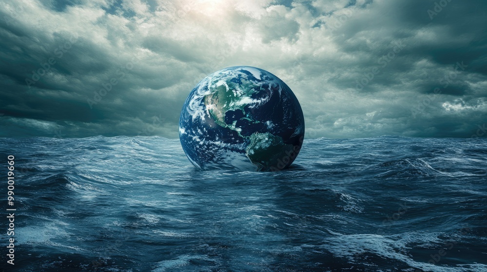 A planet Earth sinking into the ocean, symbolizing the environmental disaster of rising sea levels. A planet Earth sinking into the ocean, symbolizing the environmental disaster of rising sea levels.