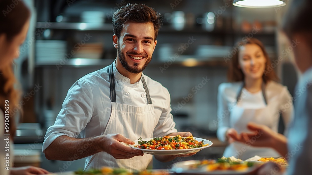 male chef serving a dish to restaurant customers, smiling and chatting with them to create a memorable dining experience, combining professional food service with friendly interaction male chef serving a dish to restaurant customers, smiling and chatting with them to create a memorable dining experience, combining professional food service with friendly interaction
