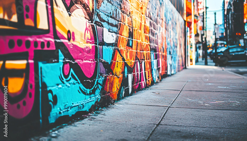 A graffiti-covered urban wall, showcasing vibrant colors, bold lines, and an edgy, artistic vibe