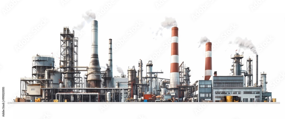 A photorealistic depiction of an industrial plant, with large smokestacks and heavy machinery, set against a white background. A photorealistic depiction of an industrial plant, with large smokestacks and heavy machinery, set against a white background.