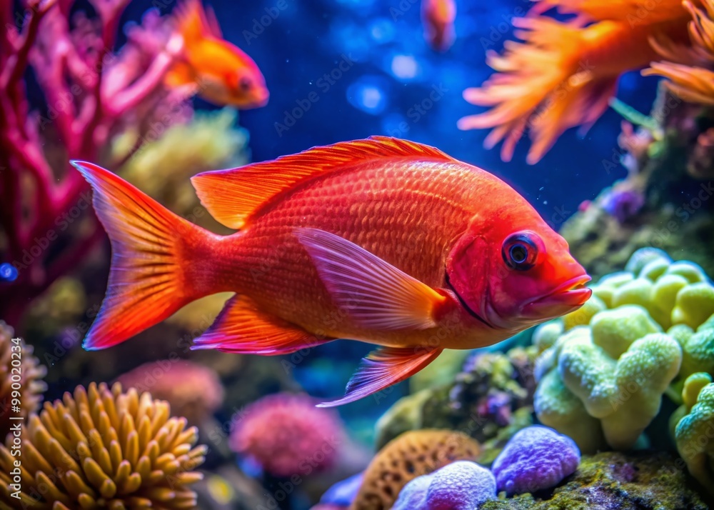Vibrant Red Fish Species Displayed in a Clear Aquarium Environment with Colorful Coral Background Vibrant Red Fish Species Displayed in a Clear Aquarium Environment with Colorful Coral Background