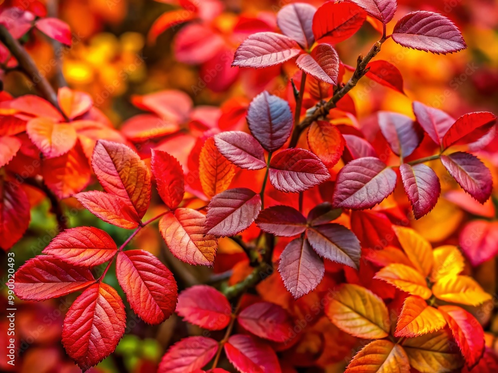 Vibrant Red Leaves on a Rose Bush Showcasing the Beauty of Autumn Foliage in Nature's Palette Vibrant Red Leaves on a Rose Bush Showcasing the Beauty of Autumn Foliage in Nature's Palette