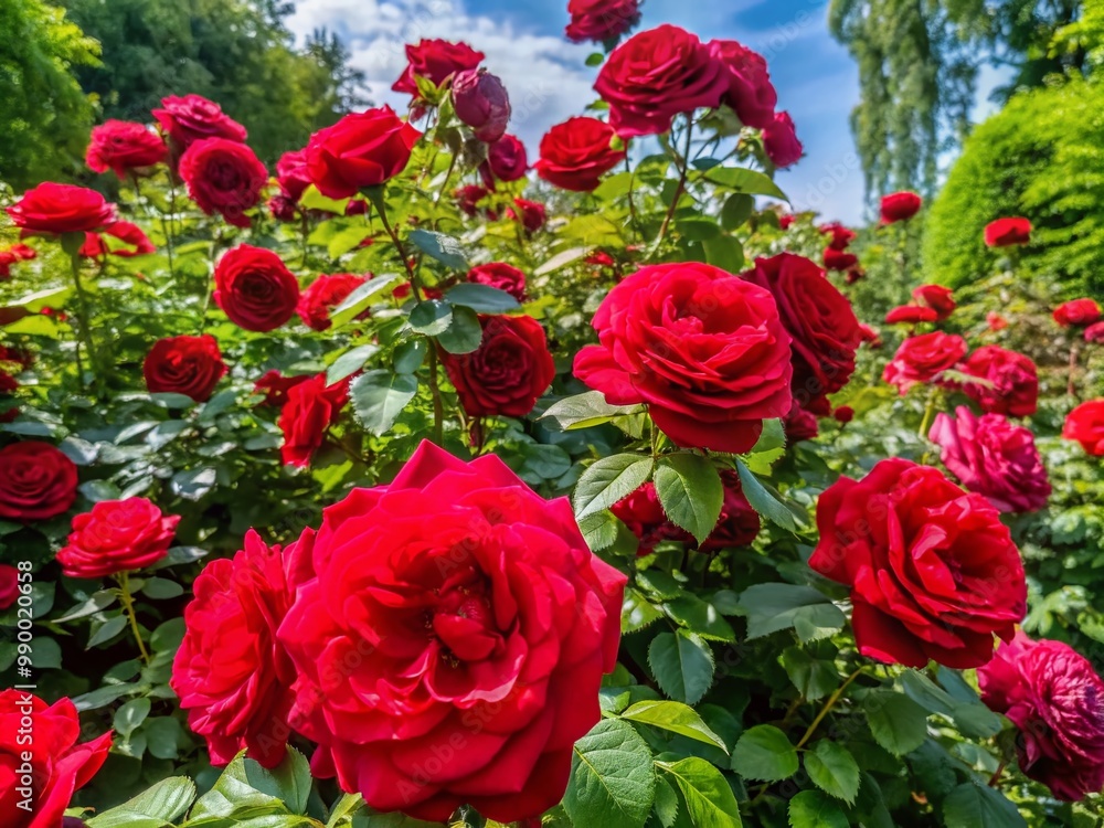 Vibrant Red Rose Bush in Bloom Surrounded by Lush Green Foliage in Garden Setting During Daylight Vibrant Red Rose Bush in Bloom Surrounded by Lush Green Foliage in Garden Setting During Daylight
