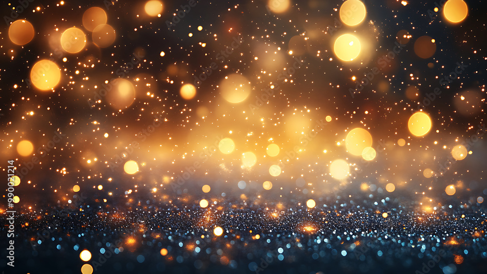 A dark background with gold and blue glitter and sparkling lights. A dark background with gold and blue glitter and sparkling lights.