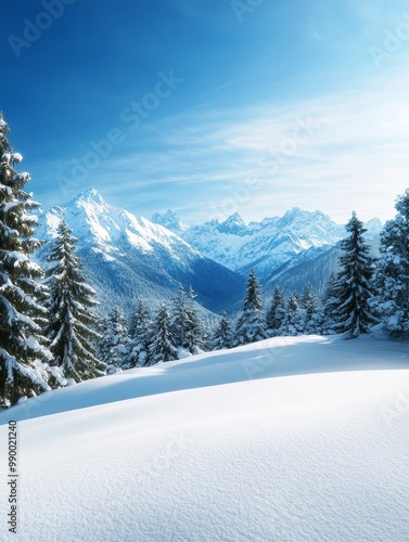 A breathtaking view of a snowy mountain range, with snow-covered trees and a clear blue sky. The mountains are majestic, the snow is pristine, and the atmosphere is peaceful.