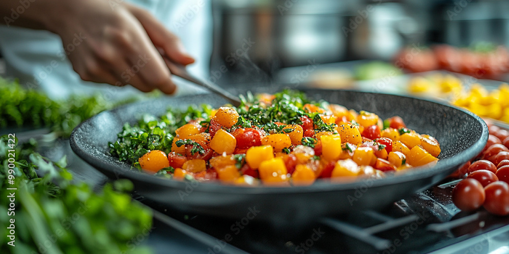 vibrant and colorful dish is being prepared, showcasing mix of fresh vegetables and herbs. chef skillfully stirs ingredients, creating nutritious meal that looks appetizing and healthy vibrant and colorful dish is being prepared, showcasing mix of fresh vegetables and herbs. chef skillfully stirs ingredients, creating nutritious meal that looks appetizing and healthy